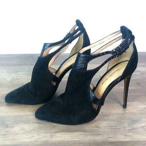 Alexandre Birman Double Buckle Suede Python Cage Heels